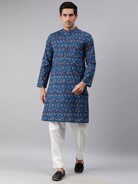 

Janasya Men Blue & Maroon Ethnic Motifs Printed Pure Cotton Kurta