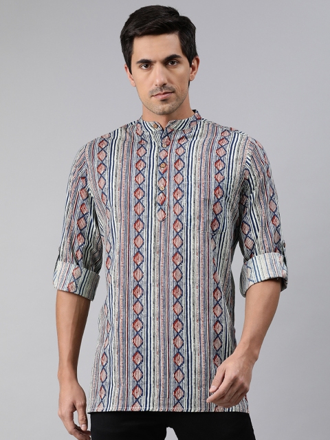 

Janasya Men Blue & Red Striped Pure Cotton Kurta