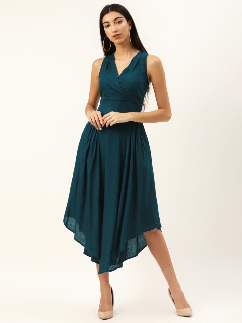 

Label Ritu Kumar Women Teal Blue Self Design Asymmetric Wrap Dress