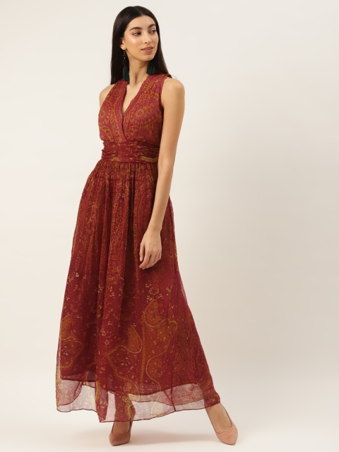 

Label Ritu Kumar Women Rust Red & Mustard Yellow Printed Maxi Dress