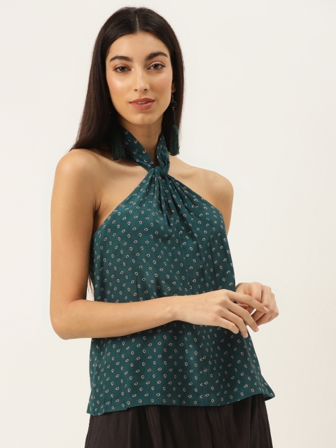 

Label Ritu Kumar Women Teal Green & Beige Stylised Choker Neck Printed Top