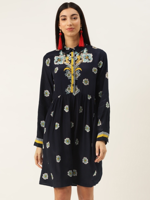 

Label Ritu Kumar Women Navy Blue & Off-White Printed Shirt Dress