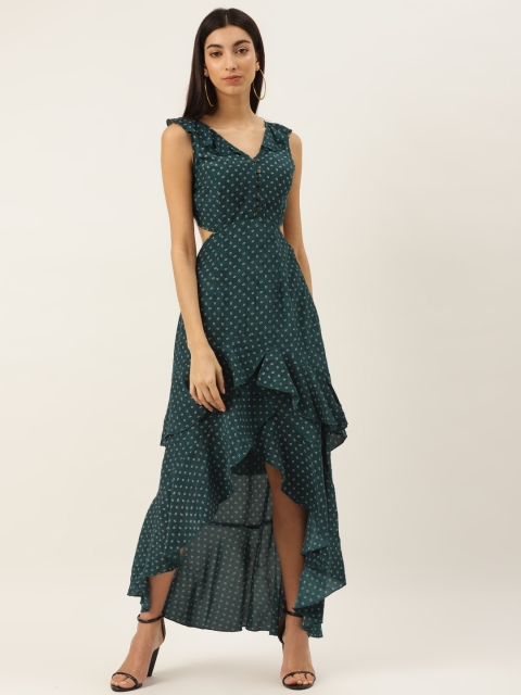 

Label Ritu Kumar Women Teal Green & Beige Printed Ruffled Hem Maxi Dress