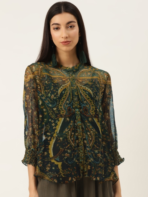 

Label Ritu Kumar Women Green Regular Fit Printed Sheer Casual Shirt