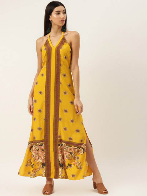 

Label Ritu Kumar Women Mustard Yellow & Brown Printed Maxi Dress