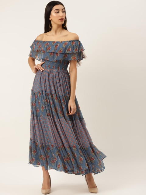 

Label Ritu Kumar Women Blue & Pink Off-Shoulder Layered Smocked Tiered Printed Maxi Dress