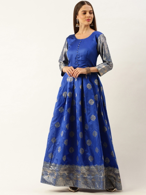 

LOOKNBOOK ART Women Blue & Gold-Toned Woven Design Maxi Dress with Pleated Detail