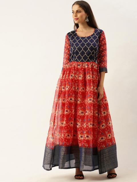 

LOOKNBOOK ART Women Red & Navy Blue Ethnic Printed Maxi Dress with Gathers