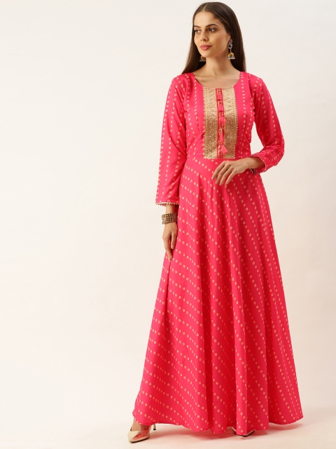 

LOOKNBOOK ART Women Pink & Beige Bandhani Printed Gown with Zari Detailing
