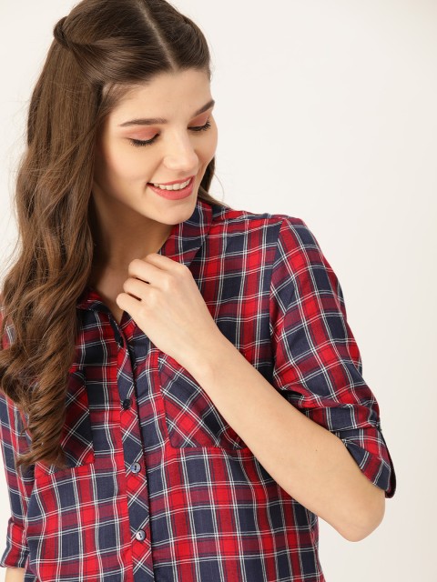 

DressBerry Women Red & Navy Blue Regular Fit Checked Casual Sustainable ECOVERO Shirt