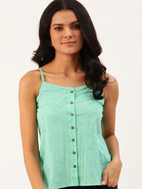 

DressBerry Sea Green Floral Schiffli Embroidered Pure Cotton Regular Top