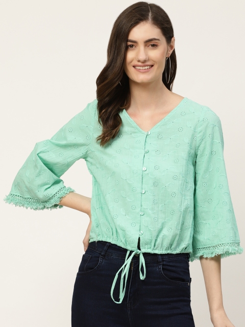 

DressBerry Sea Green Floral Schiffli Embroidered Pure Cotton Flared Sleeves Regular Top