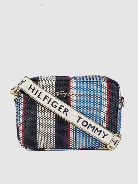 

Tommy Hilfiger Blue & Red Textured ICONIC CAMERA BAG Striped Sling Bag
