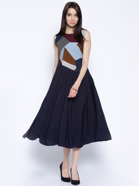 

Tokyo Talkies Navy Printed Polyester Midi Dress, Navy blue