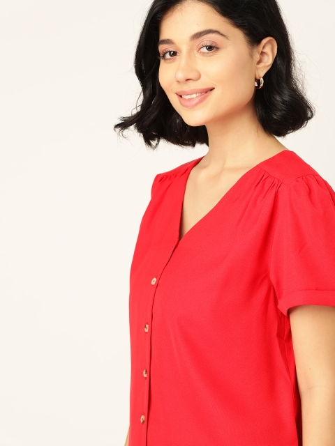 

Dressberry Red Solid Puff Sleeves Regular Top