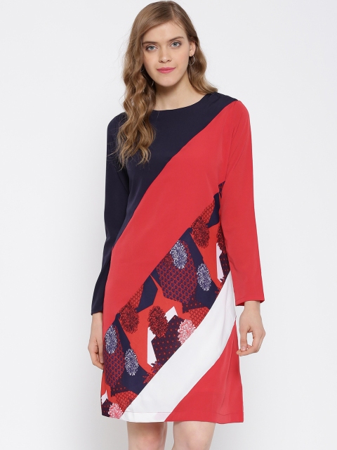 

Tokyo Talkies Navy & Red Striped Polyester A-Line Dress, Navy blue
