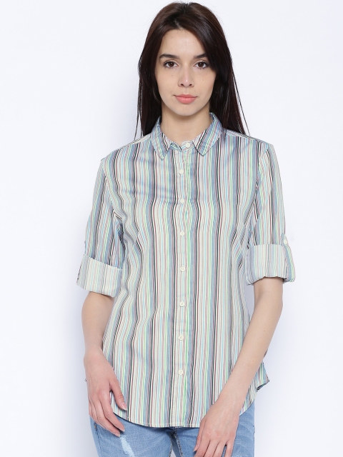 

Tokyo Talkies White Striped Casual Shirt