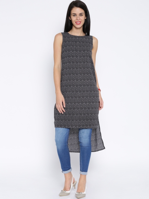 

Tokyo Talkies Black Printed Polyester High-Low Tunic