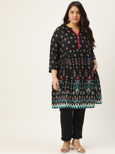 

Sztori Women Plus Size Black & Pink Ethnic Motifs Printed Kurta