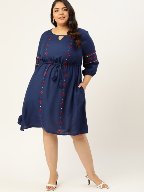 

Sztori Women Plus Size Blue Keyhole Neck A-Line Dress