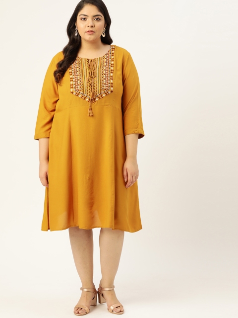 

Sztori Women Plus Size Mustard Yellow Ethnic Motifs Embroidered Tie-Up Neck A-Line Dress