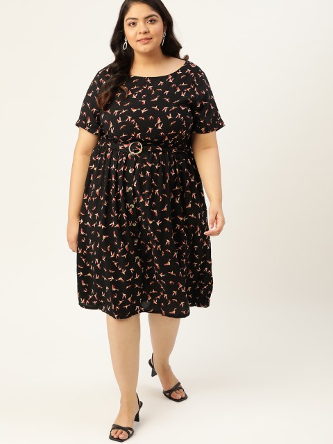 

Sztori Women Plus Size Black Printed A-Line Dress with Belt