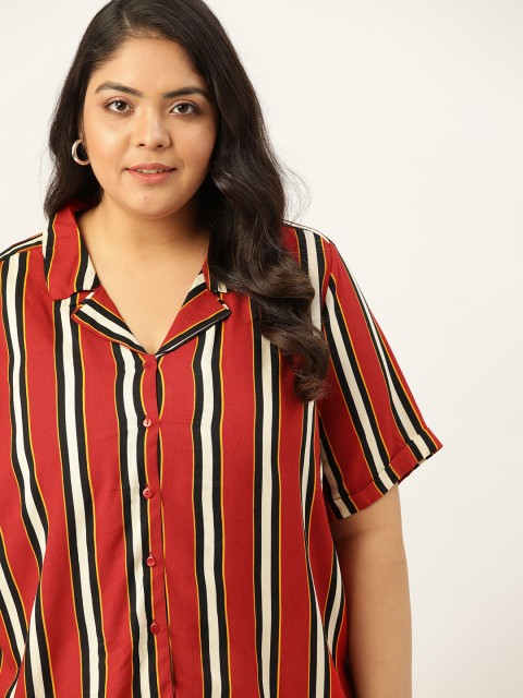 

Sztori Women Plus Size Red & Off-White Striped Casual Shirt