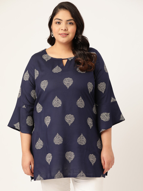 

Sztori Women Plus Size Navy Blue & Off White Ethnic Motifs Printed Kurti