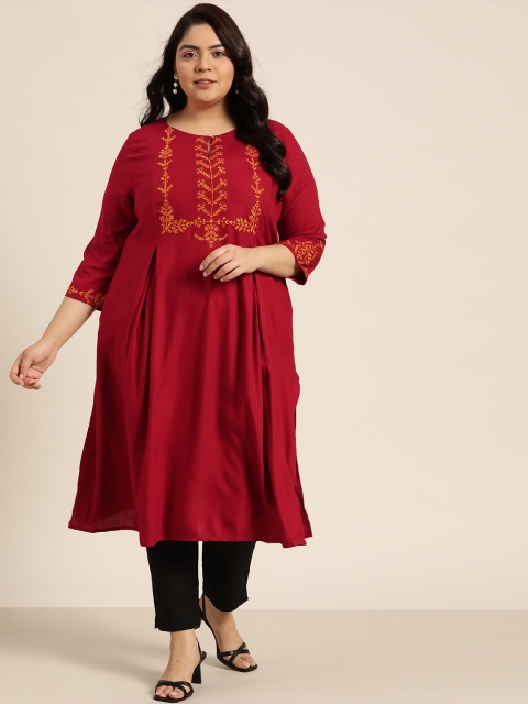 

Sztori Plus Size Women Red Ethnic Motifs Yoke Design Keyhole Neck Thread Work Kurta