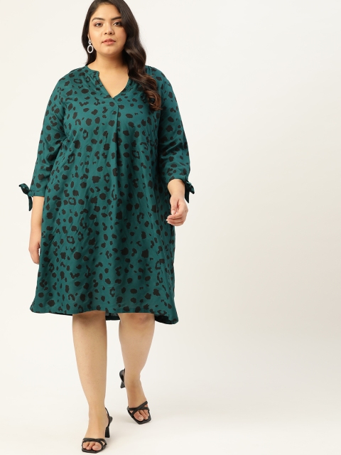 

Sztori Women Plus Size Green Printed Tie Up Sleeves Shift Dress