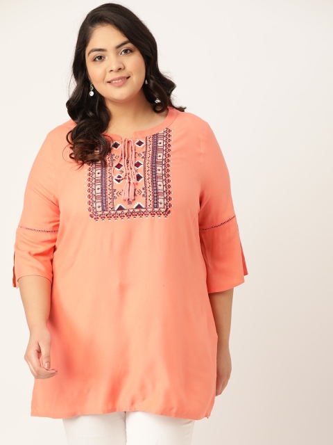 

Sztori Women Plus Size Peach Coloured & Blue Embroidered Yoke Design Kurti