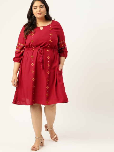 

Sztori Women Plus Size Maroon & Mustard Ethnic Motifs Embroidered A-Line Dress