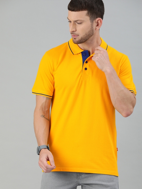 

UNSULLY Men Mustard Yellow Solid Polo Collar Pure Cotton T-shirt