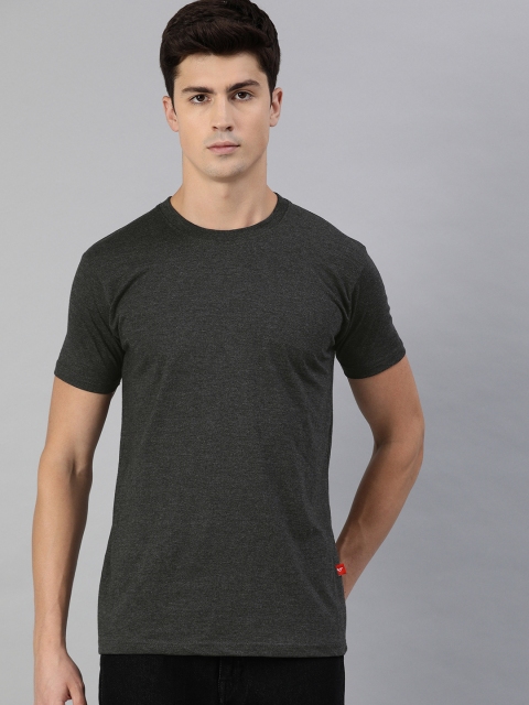 

UNSULLY Men Charcoal Grey Solid Round Neck Pure Cotton T-shirt