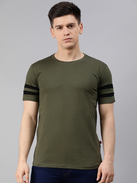 

UNSULLY Men Olive Green Solid Round Neck Pure Cotton T-shirt With Striped Detailing