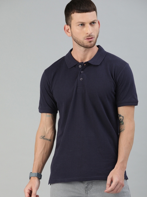 

UNSULLY Men Navy Blue Cotton Solid Polo Collar T-shirt