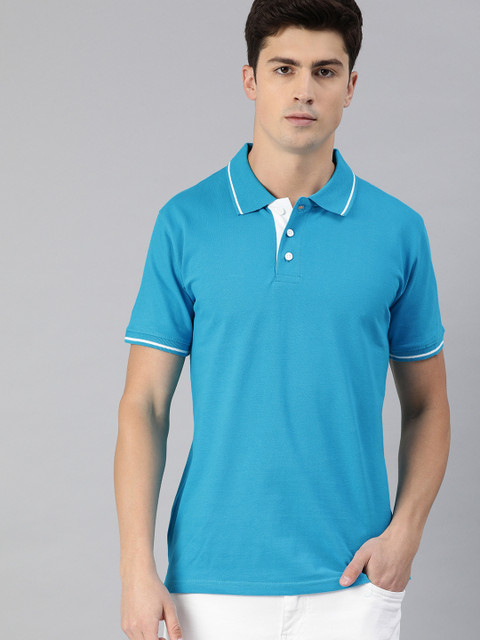 

UNSULLY Men Turquoise Blue Solid Polo Collar T-shirt