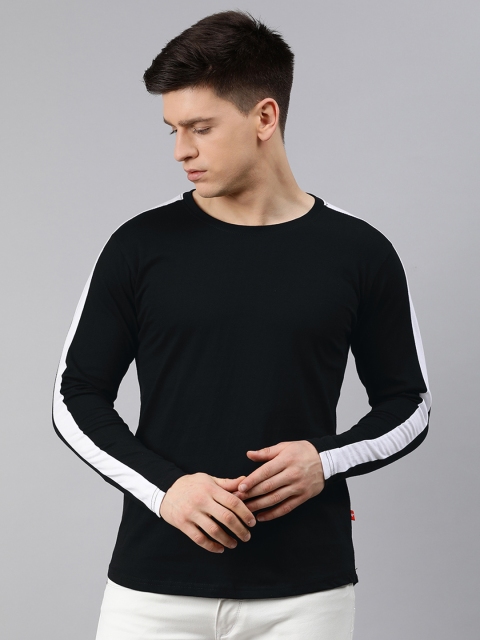 

UNSULLY Men Black Solid Side Striped Round Neck Pure Cotton T-shirt