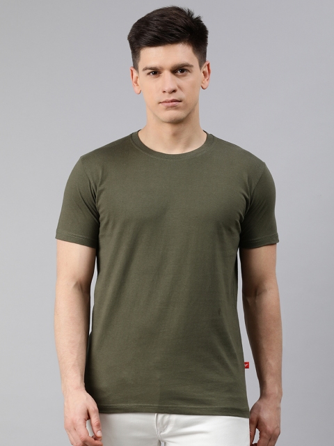 

UNSULLY Men Olive Green Solid Round Neck Pure Cotton T-shirt