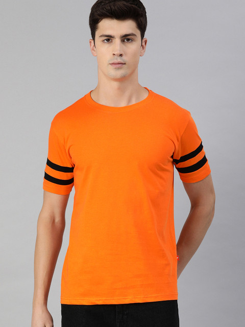 

UNSULLY Men Orange Solid Round Neck Pure Cotton T-shirt with Stripes