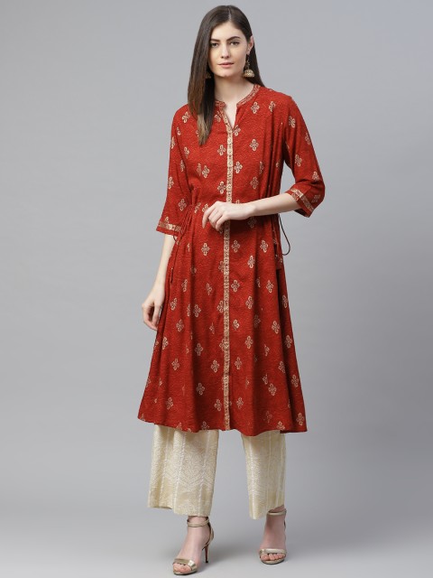 

Shree Women Maroon & Golden Foil Ethnic Motifs Printed Velvet Kurta
