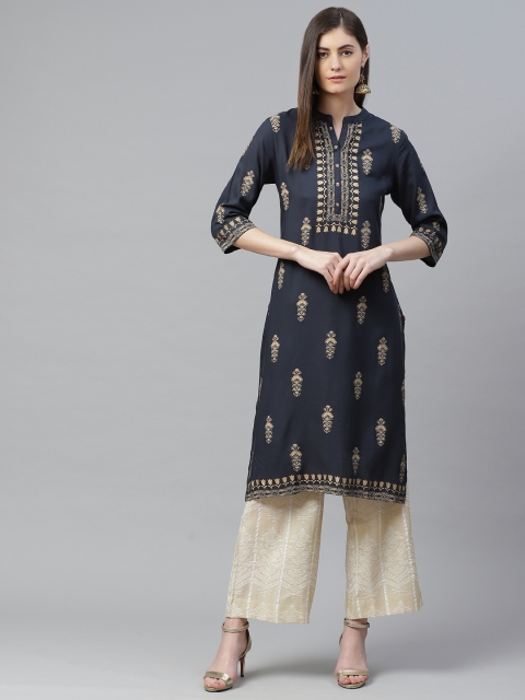 

Shree Women Navy Blue & Golden Ethnic Motifs Printed Kurta