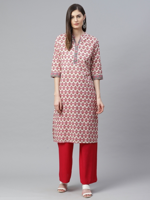 

Shree Women White & Pink Ethnic Motifs Printed Pure Cotton Kurta