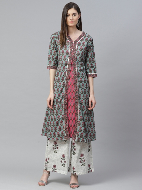 

Shree Women Green & Pink Pure Cotton Printed Layered Kurta with Palazzos