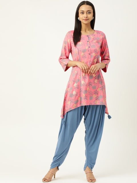 

Laabha Women Pink & Blue Printed Asymmetric Kurti with Harem Pants