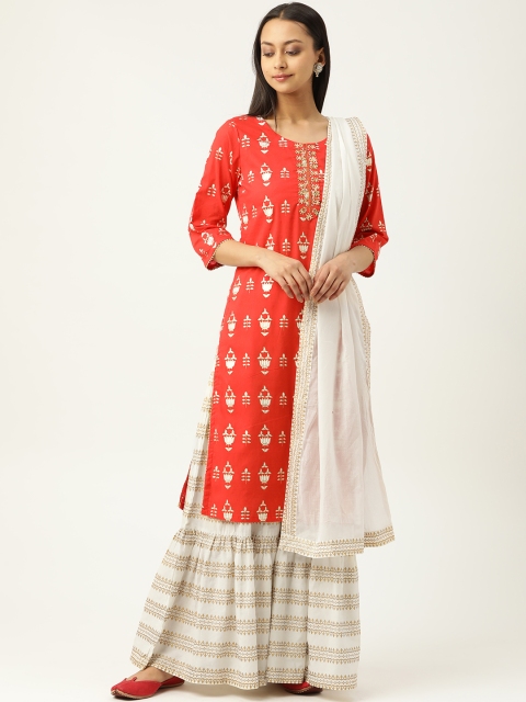 

Laabha Women Red & Off-White Printed Pure Cotton Kurta with Sharara & Dupatta