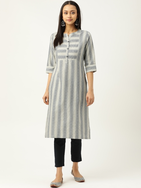 

Laabha Women Grey & Navy Blue Pure Cotton Ethnic Motifs Printed Sequins Kurta