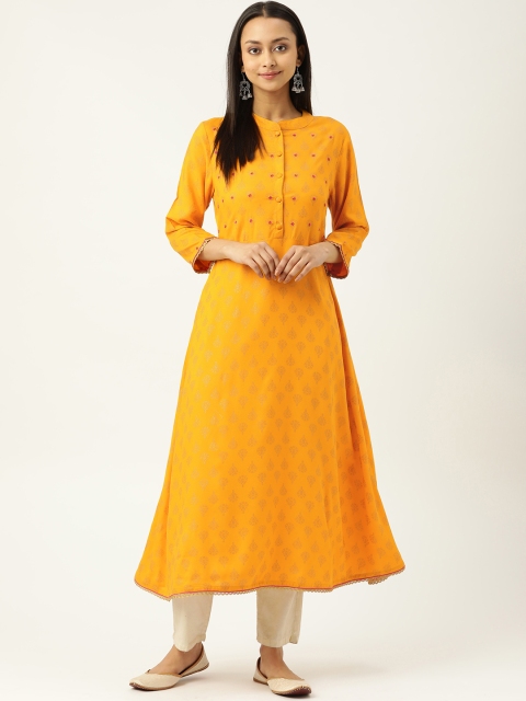

Laabha Women Mustard Yellow & Golden Ethnic Motifs Printed Thread Work Kurta