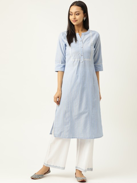 

Laabha Women Blue & White Striped Pure Cotton Kurta with Palazzos