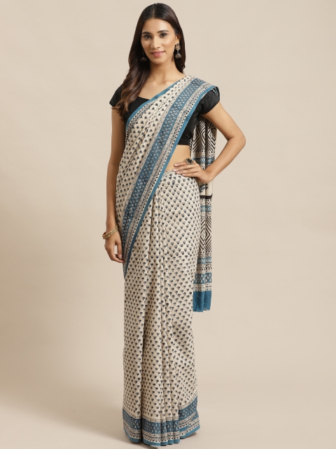 

Libas Beige & Teal Blue Pure Cotton Printed Saree